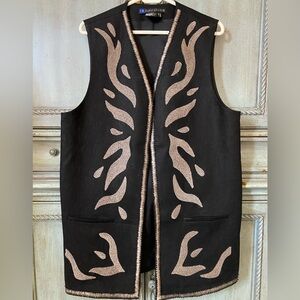 I.B. Diffusion Stylish Black Linen Vest with Tan Embroidery and beading